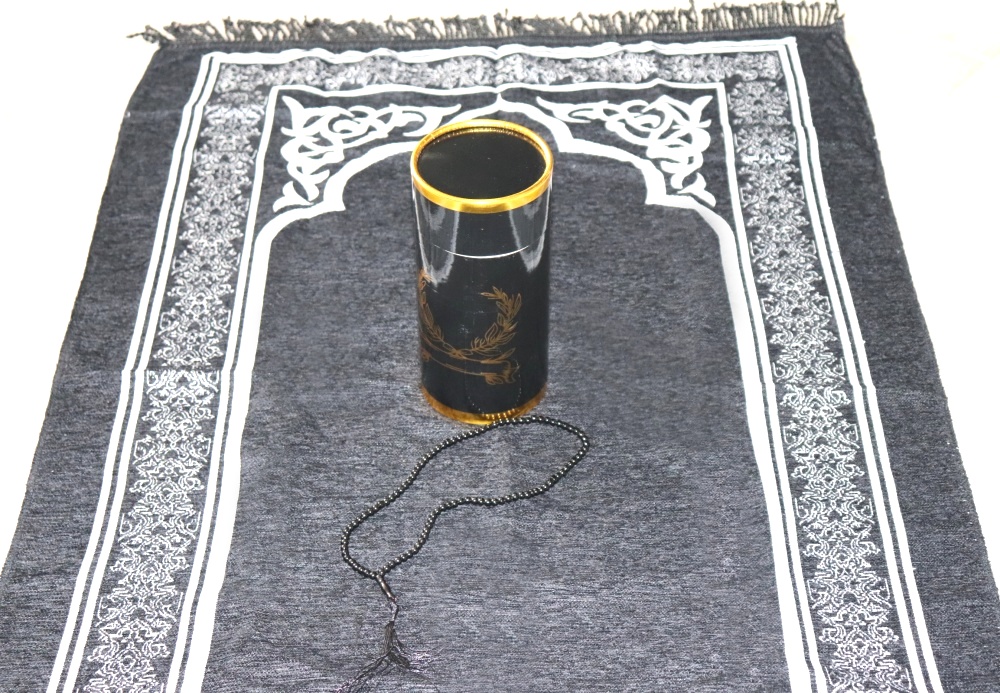 Coffret cadeau homme : tapis de prière adulte + sebha (chapelet musulman) -  Couleur bleu marine