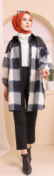 Veste - Chemise longue oversize a grands carreaux (Surchemise - Vetement femme voilee hiver) - Couleur bleu marine et blanc