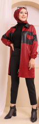 Veste zippee en skai simili-cuir pour femme (Pret-a-porter Hijab Automne Hiver Style) - Couleur bordeaux