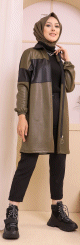 Veste tunique zippee en skai simili-cuir pour femme (Vetement Hijab Automne Hiver Style 2022) - Couleur kaki