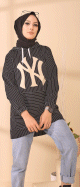 Tunique Sweat-shirt a capuche pour femme imprime NY avec rayures - Couleur noir