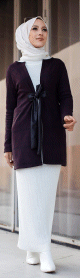 Veste Manteau femme avec ceinture integree (Tunique Automne Hiver - Vetement Hijab Turque en ligne) - Couleur prune