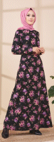 Robe longue a fleurs pour femme - Couleur noir et rose