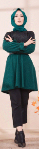 Tunique bicolore pour femme (Vetement Hijab & Modest Fashion) - Couleur noir et vert emeraude