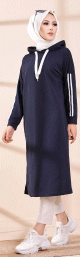 Tunique sweat long avec capuche pour femme (Vetement hijab moderne et sport) - Couleur bleu marine