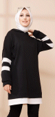 Tunique decontractee avec capuche (Vetement hijab) - Couleur noir avec bandes blanches