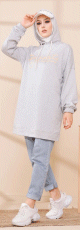 Tunique a capuche ample pour femme (Style Sweat-Shirt decontracte) - Couleur gris clair