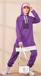 Survetement decontracte avec extension blanche - Sweat a capuche imprime et pantalon (Boutique de vetement pour femme voilee) - Couleur violet