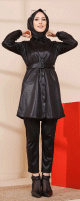 Tunique brillante avec ceinture pour femme (Tenue chic pour hijab) - Couleur noir