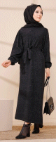 Robe tissu polaire avec ceinture (Vetement Hijab Saison Automne-Hiver) - Couleur noir