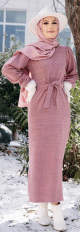 Robe tissu polaire avec ceinture (Vetement Hijab Saison Automne-Hiver) - Couleur saumon