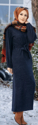 Robe tissu polaire avec ceinture (Vetement Hijab Saison Automne-Hiver) - Couleur bleu marine
