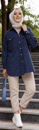 Tunique-Chemise casual pour femme avec deux grandes poches - Couleur bleu marine