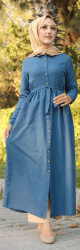 Robe chemise longue avec ceinture (Vetement ample adapte aux femmes voilees) - Couleur bleu indigo