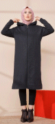 Cardigan Gilet long zippe style decontracte et sport col a capuche pour femme voilee - Couleur anthracite