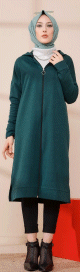 Cardigan Gilet long zippe style decontracte et sport col a capuche pour femme voilee - Couleur vert emeraude