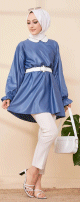 Tunique en skai (simili cuir) pour femme (Vetement hijab) - Couleur bleu indigo