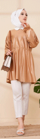 Tunique en skai (simili cuir) pour femme (Vetement chic et moderne pour hijab) - Couleur beige fonce