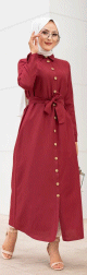 Robe boutonnee avec ceinture pour femme voilee (Vetement Hijab Chic - Boutique en ligne francaise) - Couleur bordeaux