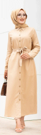 Robe boutonnee avec ceinture assortie pour femme (Tenue de ville chic pour hijab) - Couleur beige