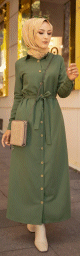 Robe boutonnee avec ceinture pour femme (Vetement de ville chic pour hijab - Mode Musulmane) - Couleur kaki