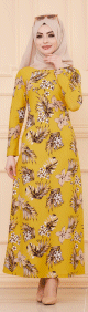 Robe evasee en crepe motif fleurs pour femme - Couleur moutarde