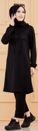 Tunique avec strass et capuche (Vetement decontracte moderne pour hijab) - Couleur noir