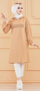 Tunique avec strass et capuche (Vetement hidjab decontracte moderne pour femme musulmane) - Couleur vison