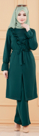 Ensemble classique deux pieces tunique et pantalon (Tenue hidjab pour femme musulmane) - Couleur vert emeraude