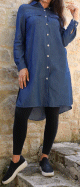 Chemise longue decontractee en denim pour femme - Couleur bleu jean fonce