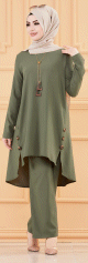 Ensemble femme deux pieces : Tunique evasee et Pantalon assorti (Tenue habillee pour hijab) - Couleur kaki