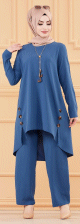 Ensemble habille deux pieces : tunique evasee et pantalon (Tenue femme pour hijab) - Couleur bleu petrole
