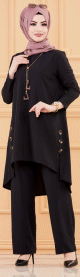 Ensemble femme deux pieces : Tunique evasee et Pantalon assorti (Vetement hijab) - Couleur noir