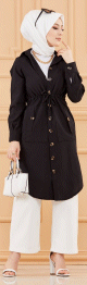 Veste - Tunique longue avec lien de serrage a la taille (Vetement femme voilee chic) - Couleur noir
