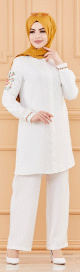 Ensemble femme avec broderies (tunique/chemise et pantalon) - Couleur blanc