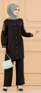 Ensemble chic pour femme (tunique/chemise brodee et son pantalon assorti) - Couleur noir