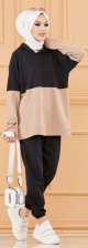Ensemble bicolore pour femme : Sweat-shirt a capuche et pantalon assorti (Tenue decontractee et sport pour hijab) - Couleur bleu marine et beige