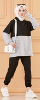 Ensemble bicolore pour femme : Tunique a capuche et pantalon assorti (Tenue decontractee et sport pour hijab) - Couleur noir et gris