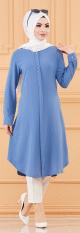 Tunique longue evasee boutonnee pour femme (Vetement style habille pour hijab) - Couleur bleu indigo