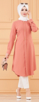 Tunique longue evasee boutonnee pour femme (Vetement style habille pour hijab) - Couleur rose