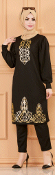 Ensemble deux pieces : tunique a motif dore et pantalon (Tenue orientale pour femme) - Couleur noir