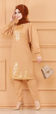 Ensemble tunique motif dore et pantalon pour femme (Tenue Hijab Turquie) - Couleur beige