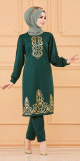 Ensemble oriental : tunique avec motifs dores et pantalon (Tenue pour femme voilee) - Couleur vert emeraude