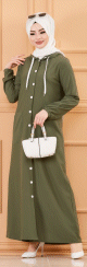 Robe-manteau boutonnee avec grandes poches et capuche (Vetement mastour pour hijab) - Couleur kaki