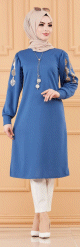 Tunique longue avec dorures (Boutique en ligne pour femme musulmane) - Couleur bleu indigo