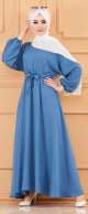 Robe longue ample et evasee en coton (Vetement mastour pour hijab) - Couleur bleu indigo