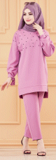 Ensemble tunique perlee et pantalon pour femme (Tenue Hijab Mode Musulmane) - Couleur lilas