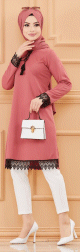 Tunique habillee avec dentelle (Tenue femme pour hijab) - Couleur rose