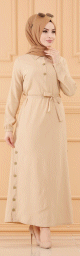 Robe longue habillee avec ceinture pour femme (Vetement chic pour hijab) - Couleur beige clair