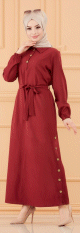 Robe longue boutonnee avec ceinture pour femme (Vetement style habille pour hijab) - Couleur bordeaux